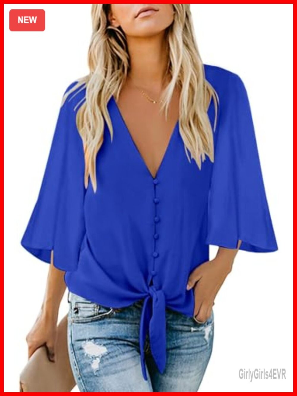 Womens Button Down V Neck Tie Knot Front Chiffon Blouse 3/4 Sleeve Loose Fit